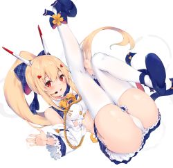 Rule 34 | 1girl, :o, absurdres, ankle ribbon, ass, ayanami (azur lane), ayanami (low-key idol @confused) (azur lane), ayanami (low-key idol @confused) (azur lane), azur lane, bare shoulders, blonde hair, blue skirt, blush, commentary request, crop top, detached sleeves, frilled skirt, frilled sleeves, frills, hair between eyes, headgear, headset, highres, leg ribbon, legs up, long hair, looking at viewer, lying, midriff, nakazawa aki, on back, open mouth, panties, ponytail, red eyes, ribbon, shiny skin, sidelocks, simple background, skirt, solo, thighhighs, underwear, very long hair, white background, white panties, white thighhighs