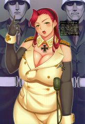Rule 34 | 1girl, bird, black gloves, blush, breasts, buttons, cleavage, cross, detached sleeves, double-breasted, eagle, earrings, elbow gloves, epaulettes, genderswap, genderswap (mtf), gloves, green eyes, hairband, helmet, hermann wilhelm goering, highres, huge breasts, iron cross, jewelry, large breasts, lips, long hair, mc axis, microphone, microphone stand, military, military uniform, mole, mole under eye, nazi, necktie, non-web source, open mouth, original, plump, real life, red hair, sleeveless, swastika, text focus, translation request, uniform, vuccha, world war ii