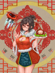 Rule 34 | 1girl, absurdres, alternate costume, artist name, beads, breasts, brown-framed eyewear, brown eyes, brown hair, china dress, chinese clothes, cleavage, cleavage cutout, clothing cutout, cowboy shot, dress, drone, floating, food, fur trim, glasses, hair bun, hair ornament, hair stick, hand up, heart, highres, holding, holding plate, index finger raised, koriku, legs together, machinery, medium breasts, mei (overwatch), octopus, overwatch, overwatch 1, pachimari, plate, red dress, robot, short dress, short hair, sidelocks, single hair bun, snowball (overwatch), solo, spoken heart, tassel