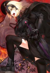 Rule 34 | 1girl, ahoge, black cape, black jacket, blonde hair, breasts, cape, commentary request, fate/grand order, fate (series), feather trim, fire, flag, fleur-de-lis, gauntlets, headpiece, holding, holding flag, holding sword, holding weapon, jacket, jeanne d&#039;arc (fate), jeanne d&#039;arc alter (avenger) (fate), jeanne d&#039;arc alter (fate), kfr, long hair, looking at viewer, open mouth, polearm, solo, spear, sword, thighhighs, weapon, yellow eyes