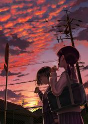 Rule 34 | 2girls, bag, blue sailor collar, blue serafuku, blue skirt, blue sky, brown eyes, brown hair, building, cable, can, carrying bag, chain-link fence, cloud, cloudy sky, dim lighting, drink, fence, food, gradient sky, highres, holding, holding can, holding food, house, long sleeves, looking at another, looking up, multicolored sky, multiple girls, original, pink sky, pleated skirt, ponytail, purple sky, road sign, sailor collar, sarekoube, scenery, school bag, school uniform, serafuku, short hair, sign, skirt, sky, sunset, utility pole, white serafuku, wire fence, yellow sky