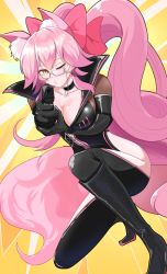 Rule 34 | 1girl, absurdres, animal ear fluff, animal ears, black bodysuit, blush, bodysuit, boots, bow, breasts, center opening, choker, cleavage, collarbone, fate/grand order, fate (series), fox ears, fox girl, fox tail, glasses, gun, hair between eyes, hair bow, high heel boots, high heels, highres, hip vent, kneeling, koyanskaya (assassin) (first ascension) (fate), koyanskaya (fate), large breasts, long hair, looking at viewer, maou nerunerune, on one knee, one eye closed, pink bow, pink hair, pointing, ponytail, puckered lips, sidelocks, solo, tail, tamamo (fate), weapon, yellow eyes