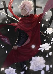 Rule 34 | 1boy, 2017, amakusa shirou (fate), black jacket, black pants, cape, dated, earrings, fate/apocrypha, fate (series), flower, from behind, heri (sniper579), highres, holding, holding sword, holding weapon, jacket, jewelry, looking at viewer, male focus, pants, petals, red cape, signature, silver hair, smile, solo, spiked hair, standing, sword, weapon, white flower, yellow eyes