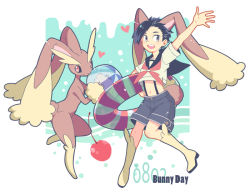 Rule 34 | 1boy, alternate costume, arm up, bad id, bad pixiv id, ball, black hair, boots, bunny day, commentary request, creatures (company), ethan (pokemon), game freak, gen 4 pokemon, grey eyes, grey shorts, heart, holding, holding ball, lopunny, male focus, navel, nintendo, open mouth, pokemon, pokemon (creature), pokemon ears, pokemon hgss, sailor collar, shirt, short hair, short sleeves, shorts, smile, teeth, tongue, upper teeth only, xichii, yellow footwear