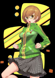 Rule 34 | 1girl, absurdres, bike shorts, black background, black shorts, bob cut, breasts, brown eyes, brown hair, cardigan, chestnut mouth, clenched hands, glasses, green cardigan, grey skirt, highres, huai diao de zongzi, long sleeves, miniskirt, open mouth, persona, persona 4, pleated skirt, print skirt, satonaka chie, short hair, short shorts, shorts, skirt, small breasts, solo, standing, yellow-framed eyewear, yellow background
