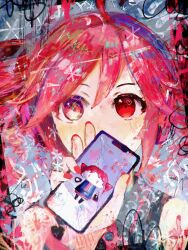 Rule 34 | 1girl, abstract, ahoge, anmoromochi, asterisk (symbol), asymmetrical eyes, black shirt, blush, cellphone photo, chibi, chromatic aberration, collared shirt, commentary request, covered mouth, cracked screen, detached sleeves, drill hair, dual persona, grey background, hand up, heart, heart in eye, highres, hito mania (utau), holding, holding phone, kasane teto, looking at viewer, phone, portrait, red hair, red nails, shirt, short hair, sleeveless, sleeveless shirt, solo, symbol in eye, twin drills, utau