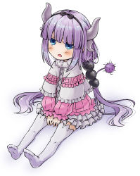 Rule 34 | 10s, 1girl, blue eyes, capelet, commentary request, dragon girl, dragon horns, dragon tail, feet, hair bobbles, hair ornament, hairband, highres, horns, kanna kamui, kobayashi-san chi no maidragon, light purple hair, long hair, looking at viewer, low twintails, mitsuba futaba, no shoes, simple background, sitting, solo, tail, thighhighs, twintails, white background, white thighhighs, zettai ryouiki