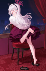 Rule 34 | 1girl, absurdres, ahoge, bare legs, barefoot, black footwear, black hairband, blue archive, blush, chuck (harfmoondark), commentary request, dress, feet, fur shawl, grey hair, hairband, halo, highres, indoors, jewelry, leaning on object, looking at viewer, looking back, mutsuki (blue archive), mutsuki (dress) (blue archive), night, official alternate costume, pointy ears, red dress, shawl, smile, soles, solo, toes
