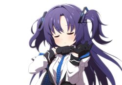 Rule 34 | adjusting clothes, adjusting gloves, black gloves, blue archive, breasts, closed mouth, commentary request, closed eyes, gloves, hair ornament, highres, id card, jacket, medium breasts, necktie, portrait, purple hair, simple background, sizque, solo, white background, yuuka (blue archive)