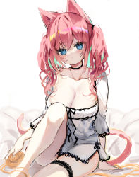Rule 34 | 1girl, :o, animal ears, blue eyes, breasts, cat ears, cat girl, cat tail, cleavage, collarbone, commentary request, dress, feet out of frame, green hair, hair between eyes, knee up, long hair, long sleeves, looking at viewer, medium breasts, multicolored hair, original, parted lips, piyokichi, red hair, sitting, solo, tail, twintails, two-tone hair, white background, white dress, yarn, yarn ball