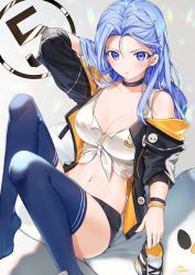 Rule 34 | 1girl, adapted costume, arm behind head, arm up, bare shoulders, black choker, black jacket, black shorts, blue eyes, blue hair, blue thighhighs, borrowed character, breasts, choker, cleavage, closed mouth, collarbone, commission, crop top, front-tie top, frown, high tops, highres, hu kotora, jacket, knees up, large breasts, long hair, long sleeves, looking at viewer, micro shorts, midriff, bae minah (chaesu), nail polish, navel, off shoulder, open clothes, open jacket, original, parted bangs, shirt, unworn shoe, shoes, unworn shoes, shorts, sitting, sleeveless, sleeveless shirt, sneakers, solo, stomach, thighhighs, thighs, v-shaped eyebrows, white shirt, wristband