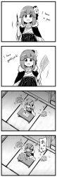 Rule 34 | &gt; &lt;, 1girl, 4koma, alternate costume, comic, crumpled paper, english text, closed eyes, flower, greyscale, hair flower, hair ornament, hieda no akyuu, highres, kousei (public planet), monochrome, open mouth, paper, pen, pen-pineapple-apple-pen, solo, touhou, translation request, trash, writers block