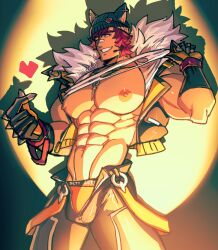 Rule 34 | 1boy, abs, absurdres, bara, bare pectorals, black gloves, black jacket, black pants, clothes lift, cropped jacket, finger heart, fur-trimmed jacket, fur trim, gloves, hat, heartsteel (league of legends), heartsteel sett, highres, jacket, jewelry, large pectorals, league of legends, male focus, male underwear, male underwear peek, muscular, muscular male, navel, necklace, nipples, official alternate costume, one eye closed, oneirio, open clothes, open jacket, orange male underwear, pants, pectorals, pink hair, sett (league of legends), short hair, smile, solo, tank top, teeth, twitter username, underwear, white tank top