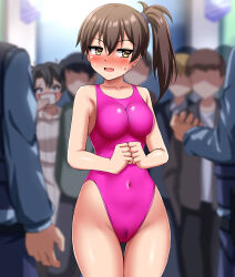 2girls absurdres breasts brown_eyes brown_hair cameltoe collarbone commentary_request commission covered_navel cowboy_shot embarrassed hair_between_eyes highres kaga_(kancolle) kantai_collection long_hair medium_breasts multiple_boys multiple_girls navel open_mouth panties pink_swimsuit pixiv_commission road side_ponytail solo_focus street sweat sweatdrop underwear zanntetu zuikaku_(kancolle)