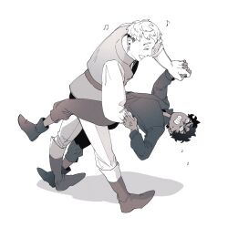 Rule 34 | 2boys, absurdres, arm grab, boots, clenched teeth, closed eyes, dancing, dark-skinned male, dark skin, dungeon meshi, facing another, full body, furrowed brow, highres, holding hands, kabru, laios touden, leaning back, long sleeves, looking at another, male focus, meintaikoo, monochrome, multiple boys, musical note, open mouth, puffy long sleeves, puffy sleeves, short hair, simple background, standing, standing on one leg, teeth, undercut, very short hair, white background, yaoi