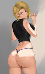 Rule 34 | 1girl, android 18, ass, bare shoulders, black shirt, blonde hair, blue eyes, blue panties, breasts, dragonball z, earrings, highres, huge ass, jewelry, kisou (kisou00), large breasts, looking at viewer, no pants, panties, shirt, short hair, solo, thick thighs, thighs, thong, underwear