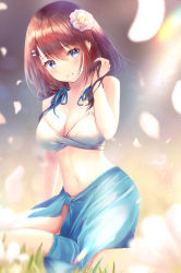Rule 34 | 1girl, bad id, bad pixiv id, bare arms, bare shoulders, bikini, blue eyes, blue skirt, breasts, cleavage, flower, grin, hair flower, hair ornament, hair over shoulder, hair ribbon, hairclip, hand in own hair, hand up, highres, medium breasts, midriff, navel, original, petals, revision, ribbon, sarong, short twintails, sidelocks, sitting, skirt, smile, solo, stomach, sunlight, swimsuit, twintails, white bikini, white flower, yk (pixiv43531291)