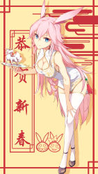 Rule 34 | 1girl, alternate eye color, animal ears, bare shoulders, blue eyes, breasts, china dress, chinese clothes, chinese new year, chinese text, cleavage, closed mouth, dress, fox, fox ears, full body, hair between eyes, hand on own knee, high heels, highres, higokumaru, holding, homu (honkai impact), honkai (series), honkai impact 3rd, kneehighs, long hair, long sleeves, looking at viewer, new year, pink hair, plate, simple background, sleeveless, smile, socks, solo, white socks, wo cai bushi zhushou, yae sakura