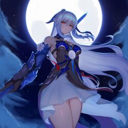 Rule 34 | 1girl, absurdres, armpits, bare shoulders, blue hair, breasts, closed mouth, commentary, commission, cowboy shot, dress, expressionless, floating hair, from below, full moon, hair between eyes, half updo, highres, holding, holding polearm, holding weapon, honkai: star rail, honkai (series), jingliu (honkai: star rail), long hair, looking at viewer, medium breasts, moon, night, night sky, outdoors, polearm, red eyes, skeb commission, sky, sleeveless, sleeveless dress, solo, taiko bo, thighs, upper body, very long hair, weapon