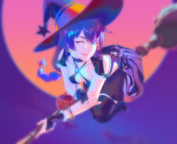 Rule 34 | 1girl, alternate costume, bakemonogatari, black thighhighs, blue eyes, blurry, blurry background, bracelet, breasts, bridal gauntlets, broom, broom riding, choker, collarbone, commentary, commentary request, english commentary, eyelashes, film grain, halloween, halloween bucket, halterneck, hat, highres, jewelry, looking at viewer, medium breasts, mixed-language commentary, monogatari (series), moon, night, night sky, parted lips, ponytail, purple hair, purple hat, purple skirt, purple sky, rapa rachi, ring, senjougahara hitagi, sidelocks, skirt, sky, solo, thighhighs, thighs, witch hat