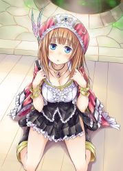Rule 34 | 1girl, alt (ctrldel), atelier (series), atelier rorona, atelier totori, blue eyes, blush, boots, breasts, brown hair, cleavage, female focus, hat, highres, long hair, looking at viewer, open mouth, rororina fryxell, sitting, skirt, solo