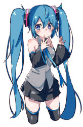 Rule 34 | 1girl, 3774., bare shoulders, black skirt, black sleeves, black thighhighs, blue eyes, blue hair, blue necktie, commentary, cowboy shot, cropped legs, detached sleeves, grey shirt, hair ornament, hands up, hatsune miku, long hair, miniskirt, necktie, pleated skirt, pout, shirt, skirt, sleeveless, sleeveless shirt, solo, standing, thighhighs, twintails, v-shaped eyebrows, very long hair, vocaloid, white background, zettai ryouiki