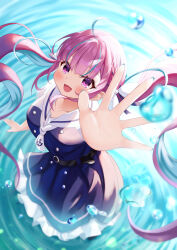 Rule 34 | 1girl, absurdres, ahoge, anchor print, anchor symbol, aqua hair, aqua nails, belt, black belt, blue dress, blurry, braid, breasts, chino0803, collarbone, colored inner hair, commentary request, dress, fingernails, hair between eyes, highres, hololive, large breasts, long dress, long hair, looking at viewer, minato aqua, multicolored hair, nail polish, neckerchief, open hand, open mouth, purple eyes, purple hair, sailor collar, smile, solo, standing, standing on liquid, streaked hair, twintails, two-tone hair, virtual youtuber, water, water drop, white neckerchief, white sailor collar