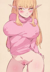 Rule 34 | 1girl, absurdres, aqua marine (aqua000marine), arms behind back, bad id, bad pixiv id, beige background, blonde hair, blush, bottomless, cleft of venus, contrapposto, covered erect nipples, elf, gluteal fold, highres, huge filesize, impossible clothes, impossible sweater, long hair, long sleeves, looking at viewer, naked sweater, navel, original, pink sweater, pointy ears, pussy, sidelocks, solo, standing, sweater, turtleneck, turtleneck sweater, uncensored, yellow eyes