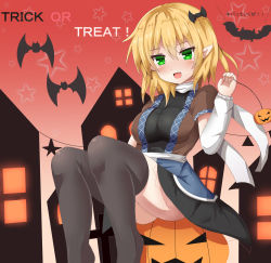 Rule 34 | 1girl, :d, arm warmers, ass, bat (animal), bat hair ornament, black thighhighs, blonde hair, blush, breasts, dress, english text, fang, green eyes, guard vent jun, hair ornament, halloween, highres, jack-o&#039;-lantern, looking at viewer, medium breasts, mizuhashi parsee, open mouth, pointy ears, scarf, short hair, sitting, skirt, smile, solo, thighhighs, touhou, trick or treat, tsurime