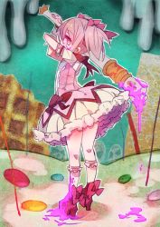 Rule 34 | 10s, 1girl, bad id, bad pixiv id, blood, bow, bubble skirt, choker, dress, gloves, hair bow, kaname madoka, kneepits, kuma jet, looking back, magical girl, mahou shoujo madoka magica, mahou shoujo madoka magica (anime), pink eyes, pink hair, puffy sleeves, short hair, short twintails, skirt, solo, staff, twintails, witch&#039;s labyrinth