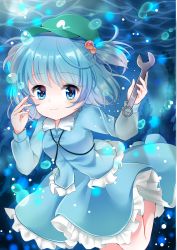 Rule 34 | 1girl, absurdres, blue eyes, blue footwear, blue hair, boots, bubble, dress, dress shirt, frilled skirt, frills, hair bobbles, hair ornament, hand up, hat, highres, kawashiro nitori, key, light rays, long sleeves, looking at viewer, matching hair/eyes, rubber boots, shirt, short hair, short twintails, skirt, skirt set, smile, solo, touhou, twintails, two side up, underwater, wet, wet clothes, white shirt, wrench, yuzucha (sora-neko)