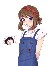 Rule 34 | 1girl, :o, absurdres, blue eyes, blue overalls, blush, bow hairband, brendan (pokemon), brown hair, buttons, commentary request, creatures (company), eyelashes, fang, food print, game freak, hairband, heart, highres, looking at viewer, may (pokemon), nintendo, open mouth, overalls, pokemon, pokemon adventures, red hairband, shirt, simple background, strawberry print, tsukimi (tkm 516), white background, white shirt