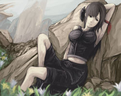 Rule 34 | 00s, 1990s (style), 1girl, armpits, breasts, brown hair, final fantasy, final fantasy vii, final fantasy vii advent children, gloves, large breasts, long hair, midriff, nature, ripu (vincecarter), sitting, smile, solo, tifa lockhart