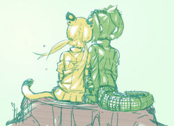 Rule 34 | 2girls, animal ears, crocodilian tail, female focus, from behind, gm (ggommu), green background, high ponytail, highres, jacket, kemono friends, leaning to the side, leopard (kemono friends), leopard tail, long hair, long sleeves, monochrome, multiple girls, plant, saltwater crocodile (kemono friends), side-by-side, simple background, sitting, sketch, skirt, spikes, spot color, tail, tree, tree stump, twintails, yuri