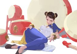 Rule 34 | 1girl, absurdres, blue leggings, bracelet, brown eyes, brown hair, capcom, chest cutout, china dress, chinese clothes, chun-li, double bun, dress, earrings, eyelashes, hair bun, hair pulled back, hand on own hip, highres, jewelry, leggings, looking at viewer, lying, nail polish, pants, parted lips, pearl earrings, qchbtb, red nails, solo, street fighter, street fighter 6, tight clothes, tight pants