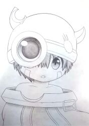 Rule 34 | 1boy, bare shoulders, black hair, cape, collar, collarbone, commentary, damaged, facial mark, facial tattoo, fake horns, gradient eyes, graphite (medium), greyscale, hair between eyes, helmet, highres, horned helmet, horns, looking at viewer, made in abyss, male focus, metal collar, monochrome, multicolored eyes, neck, nisijun0912, portrait, regu (made in abyss), short eyebrows, slit pupils, solo, tattoo, traditional media