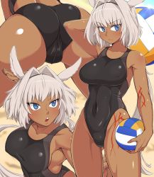 Rule 34 | 1girl, ass, ball, beach volleyball, black one-piece swimsuit, blue eyes, body markings, breasts, caenis (fate), competition swimsuit, covered erect nipples, covered navel, dark-skinned female, dark skin, fate/grand order, fate (series), hair intakes, highres, holding, holding ball, kurozu (crozu), large breasts, looking at viewer, one-piece swimsuit, playing sports, ponytail, ponytail holder, swimsuit, tattoo, volleyball, volleyball (object), white hair