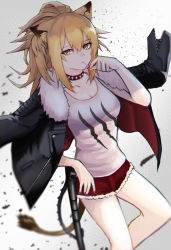 Rule 34 | 1girl, absurdres, animal ears, arknights, bad id, bad pixiv id, black jacket, black nails, blonde hair, breasts, cleavage, collarbone, commentary request, grey background, hair between eyes, highres, jacket, jacket on shoulders, lion ears, lion tail, long hair, long sleeves, looking at viewer, medium breasts, nail polish, partial commentary, red shorts, reneph, short shorts, shorts, siege (arknights), simple background, solo, standing, tail, tank top, thighs, white tank top, yellow eyes