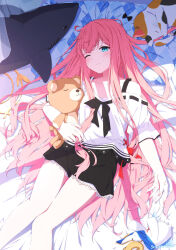 1girl animal aoi_thomas bare_shoulders bed_sheet black_bow black_shorts blue_eyes blush bow cat closed_mouth commentary_request feet_out_of_frame highres hugging_object knees_together_feet_apart long_hair looking_at_viewer lying off-shoulder_shirt off_shoulder on_back one_eye_closed original pillow pink_hair ribbon-trimmed_shirt shirt short_sleeves shorts signature solo stuffed_animal stuffed_shark stuffed_toy teddy_bear very_long_hair white_shirt