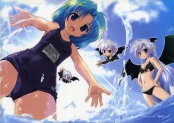Rule 34 | 2boys, 2girls, :d, absurdres, aqua hair, bandeau, bat wings, bikini, blog yousei cocolo, blue eyes, blush, body blush, breasts, chibi, cleavage, cloud, day, dutch angle, flat chest, flying, from below, front-tie top, hands on own hips, head wings, highres, komatsu eiji, light rays, long hair, looking at viewer, looking away, looking down, lowleg, lowleg bikini, multiple boys, multiple girls, name tag, navel, one-piece swimsuit, open mouth, outdoors, outstretched arms, parted bangs, pointy ears, polearm, scan, school swimsuit, short hair, silver hair, sky, small breasts, smile, splashing, spread arms, standing, sunbeam, sunlight, swimsuit, trident, very long hair, wading, water, weapon, wings