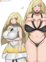 Rule 34 | 1girl, arm around another, bikini, blonde hair, blush, bob (bobtheneet), breast suppress, breasts, cameltoe, cleavage, closed mouth, covered navel, creatures (company), female focus, game freak, green eyes, groin, hands on own chest, hands up, heart, highres, large breasts, legs, long hair, looking at viewer, lusamine (pokemon), multiple views, navel, nintendo, open mouth, pokemon, pokemon (anime), pokemon sm049, pokemon sm (anime), simple background, solo, standing, swimsuit, thick thighs, thigh gap, thighs, thong, white background