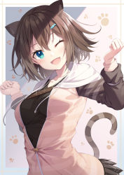 Rule 34 | 1girl, ;d, animal ear fluff, animal ears, aqua eyes, arms up, black shirt, black skirt, blush, breasts, brown hair, brown sleeves, cat ears, cat girl, cat tail, collarbone, drawstring, fang, fingernails, fish hair ornament, fumino tamaki, hair ornament, highres, hood, hooded jacket, jacket, kine-c, long fingernails, long sleeves, looking at viewer, medium breasts, miniskirt, nijisanji, one eye closed, open mouth, partially unzipped, paw print, paw print background, pink jacket, pleated skirt, shirt, short hair, sign, sign around neck, skirt, smile, solo, tail, translation request, upper body, virtual youtuber, zipper pull tab
