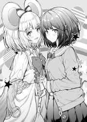 Rule 34 | 2girls, animal ears, blush, breasts, cardigan, closed mouth, dual persona, fake animal ears, granblue fantasy, greyscale, hair ornament, holding hands, interlocked fingers, long sleeves, looking at viewer, monochrome, mouse ears, multiple girls, mushi024, open mouth, pleated skirt, sailor collar, short hair, skirt, small breasts, smile, vikala (granblue fantasy)