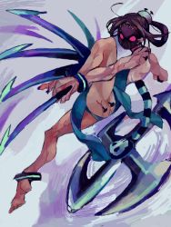 Rule 34 | 1girl, anklet, backless outfit, barefoot, hat, jewelry, mask, nail, painwheel (skullgirls), red eyes, scar, skullgirls, solo, tegaki, turpentine (artist), turpentine (pin), veins, weapon