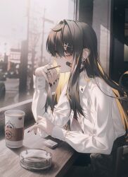 1girl 2no_(pixiv75196219) arm_on_table ashtray bandaid bandaid_on_face black_hair black_nails black_pants blonde_hair blurry blurry_background blush buttoned_cuffs buttons cafe chair cigarette city city_lights coffee collared_shirt cross_ornament cup disposable_coffee_cup disposable_cup drink ear_piercing earrings from_side hair_between_eyes hair_intakes hair_ornament hairclip highres indoors jewelry light_particles light_rays lighter long_hair long_sleeves looking_ahead multicolored_hair nail_polish neon_lights original pants parted_lips piercing profile restaurant ring shadow shirt sidelocks sitting skull_earrings smoking solo table tobacco unbuttoned unbuttoned_shirt upper_body very_long_hair white_shirt window wooden_chair wooden_table yellow_eyes zippo_lighter