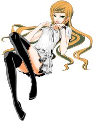 Rule 34 | 1girl, alternate costume, bad id, bad pixiv id, ben 10, ben 10: alien force, black thighhighs, derivative work, dress, green eyes, gwen tennyson, long hair, lying, open mouth, orange hair, parody, say show, smile, solo, thighhighs, vocaloid, white dress, world is mine (vocaloid), wristband