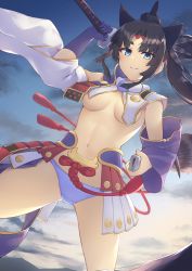 Rule 34 | 1girl, armor, asymmetrical sleeves, black hair, black hat, blue eyes, blue panties, blush, breast curtains, breasts, detached sleeves, fate/grand order, fate (series), feather hair ornament, feathers, hair ornament, hat, japanese armor, katana, kusazuri, long hair, long sleeves, looking at viewer, medium breasts, mismatched sleeves, navel, panties, parted bangs, pinta (ayashii bochi), revealing clothes, side ponytail, smile, solo, sword, thick eyebrows, underwear, ushiwakamaru (fate), weapon