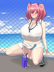 Rule 34 | 1futa, against fence, azur lane, beach, blush, bottle, breasts, bremerton (azur lane), bremerton (scorching-hot training) (azur lane), bulge, chain-link fence, cleavage, cloud, commentary request, crop top, crop top overhang, cum, dripping, erection, erection under clothes, facing viewer, fence, full-package futanari, futanari, grey hair, highres, huge breasts, looking at viewer, midriff, miniskirt, multicolored hair, navel, no panties, ocean, outdoors, penis, pink eyes, pink hair, poisonkinoko, shoes, skirt, sky, solo, squatting, testicles, tiptoes, twintails, two-tone hair