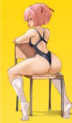 Rule 34 | 1girl, absurdres, alternate breast size, ass, back cutout, black one-piece swimsuit, blush, breasts, chair, clothing cutout, commentary, competition swimsuit, doki doki literature club, english commentary, from behind, full body, hair ribbon, highres, kneehighs, looking at viewer, looking back, medium breasts, natsuki (doki doki literature club), one-piece swimsuit, open mouth, pink eyes, pink hair, rakeemspoon, red ribbon, ribbon, school chair, shadow, short hair, shoulder blades, simple background, sitting, sitting backwards, sketch, socks, soles, solo, swimsuit, tiptoes, two side up, white socks, yellow background