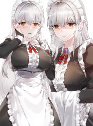 Rule 34 | 1girl, apron, blush, breasts, bridal gauntlets, earrings, frills, hands on own face, highres, jewelry, kfr, large breasts, long hair, looking at viewer, maid, maid headdress, multiple views, original, silver hair, waist apron, white background, yellow eyes